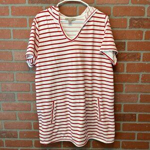 Women's Hooded Cover-Up Dress White/Red Stripes Size Large 18/20 Cotton V-Neck